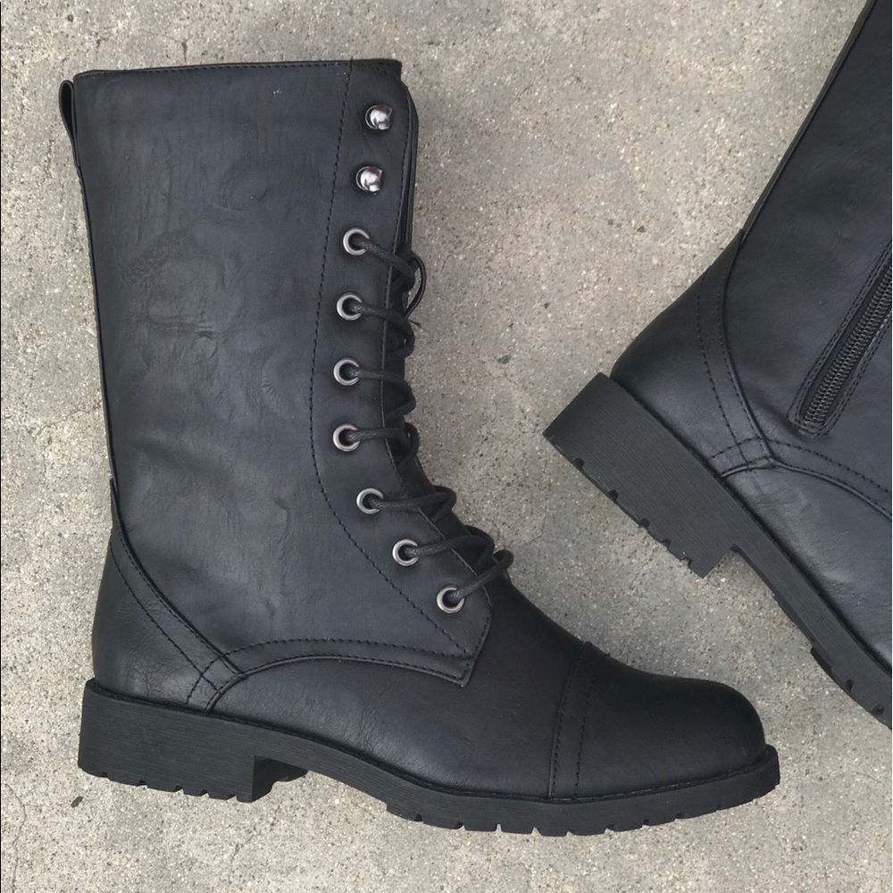 Combat Black Block Lug Heel Military Moto Boots 10 - Picture 5 of 8